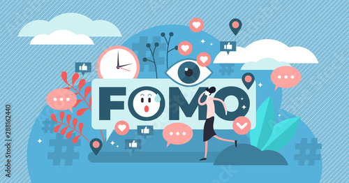 FOMO vector illustration. Tiny fear of missing out anxiety persons concept.