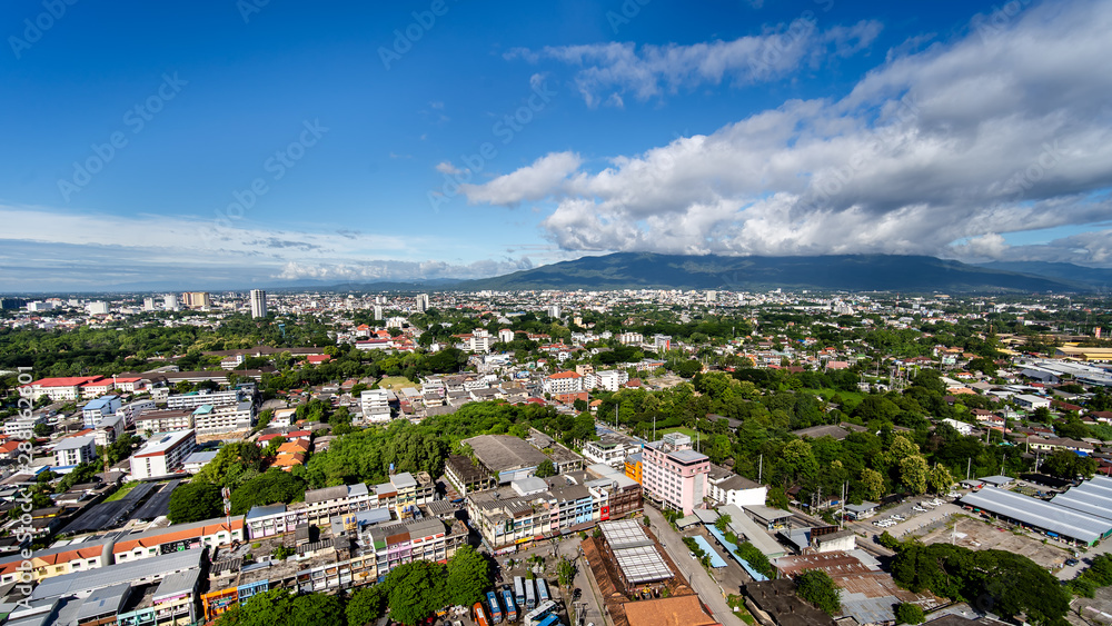 CHIANG MAI , THAILAND- SEPTEMBER 6, 2019 : High angle view of Chiang Mai City in bright sky day in Thailand..
