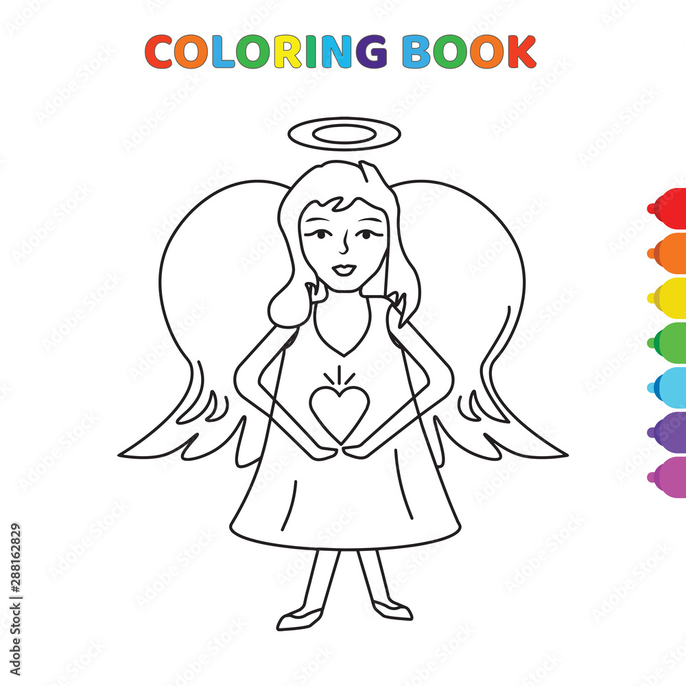 cute cartoon happy angel takes heart in hand coloring book for kids. black and white vector illustration for coloring book. happy angel takes heart in hand concept hand drawn illustration cute cartoon happy angel takes heart in hand coloring book for kids. black and white vector illustration for coloring book. happy angel takes heart in hand concept hand drawn illustration