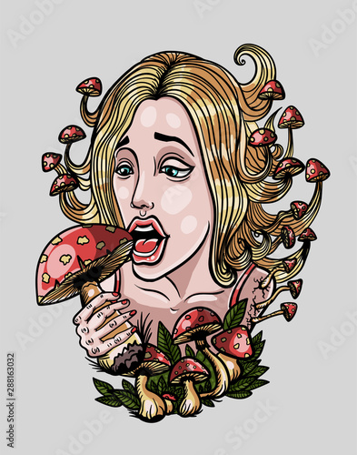 The girl is eating fly agarics, psy art