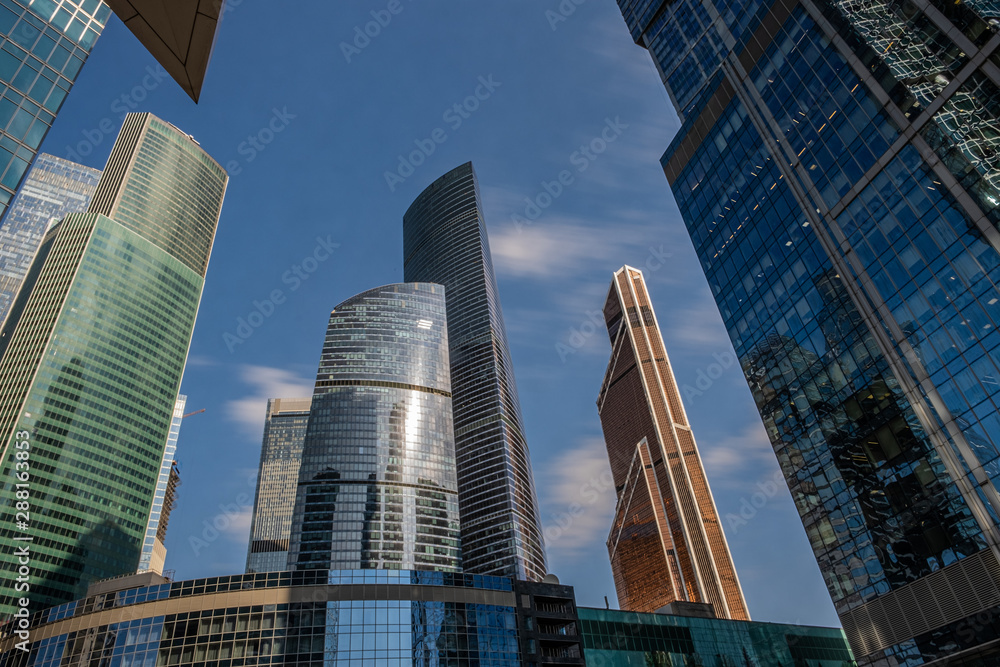 Naklejka premium MOSCOW. RUSSIA - Septemer 5, 2019: Skyscrapers of Moscow city business center closeup. Moscow International Business Center also referred to as Moscow-City