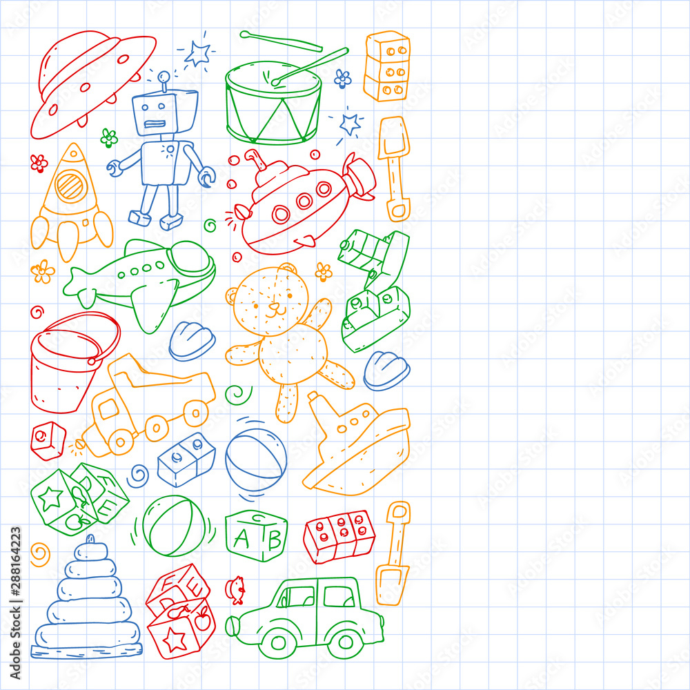 Vector pattern with kindergarten, toy children. Happy children illustration. Drawing a colorful pen on a notebook in a Squared notebook.