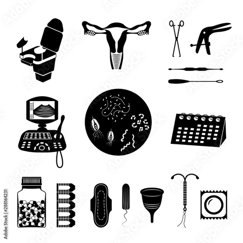 Set of black and white gynecology icons. Vector illustration of medical equipment, women`s hygiene products, gynecological tools, etc.
