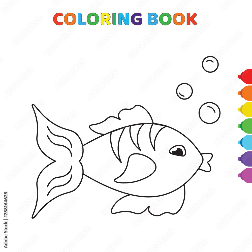 cute cartoon fish front view coloring book for kids. black and white