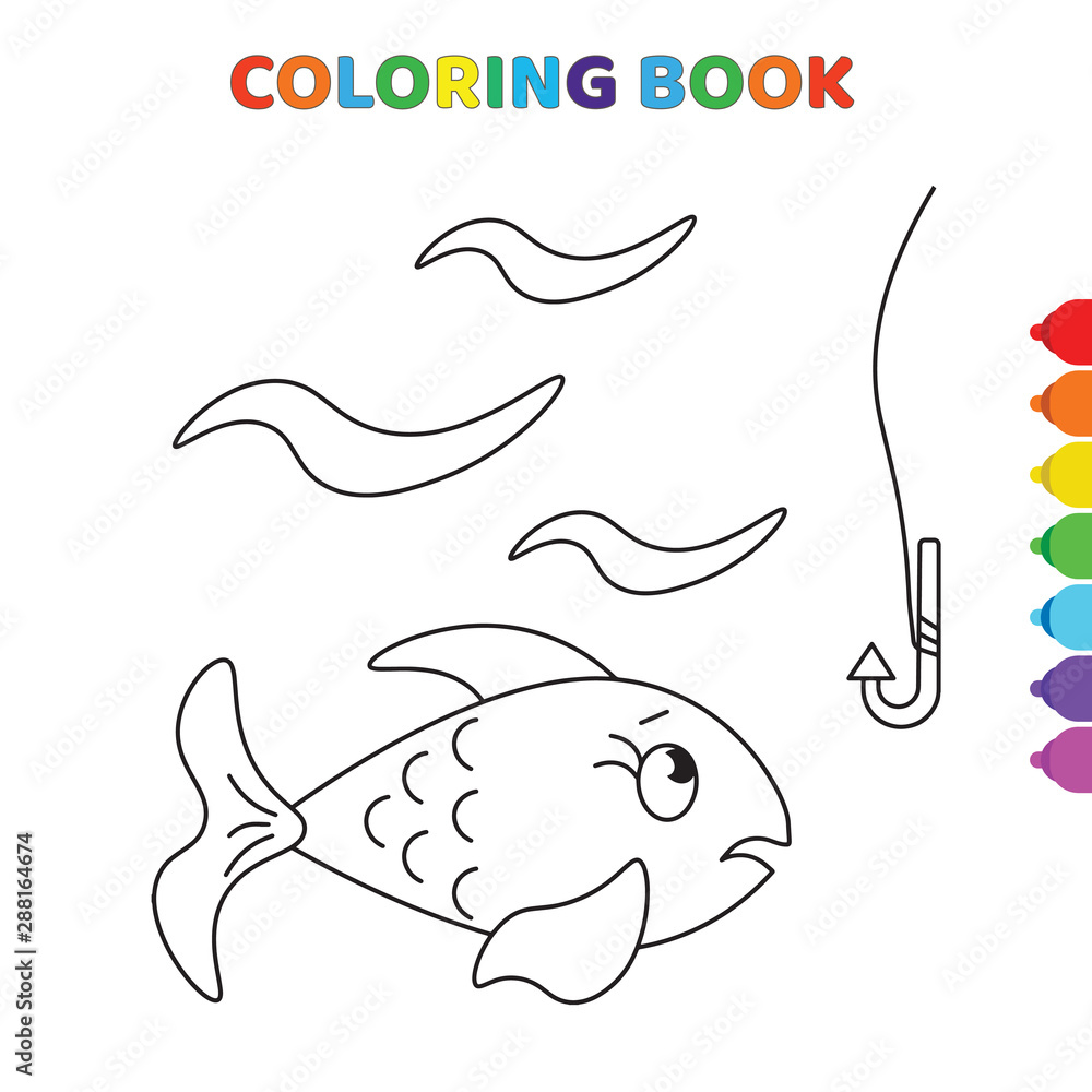 Obraz premium cute cartoon fish looking to a fishing rod coloring book for kids. black and white vector illustration for coloring book. fish looking to a fishing rod concept hand drawn illustration
