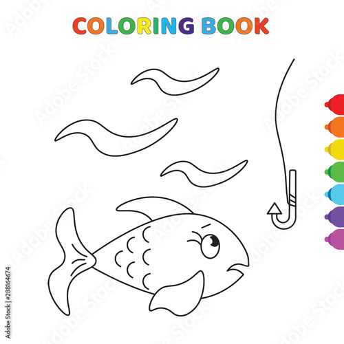 cute cartoon fish looking to a fishing rod coloring book for kids. black and white vector illustration for coloring book. fish looking to a fishing rod concept hand drawn illustration