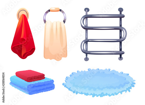 Bathroom with bath accessories towel, heated towel rail. Housewife accessories vector illustration