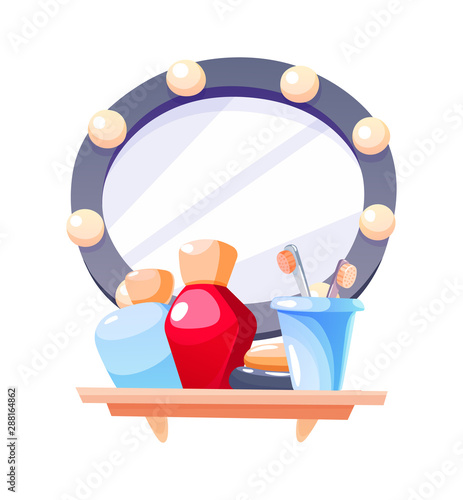 Housewife accessories vector illustration. Bathroom with shelves, mirror and shampoo gel toothbrushes cartoon vector illustration