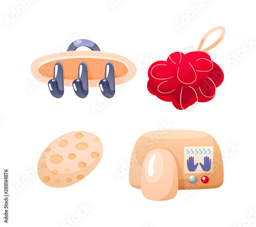 Bathroom with bath accessories furniture bathtub mirror shelves faucet curtain sink shampoo toilet plumbing shower washing machine towel heated towel rail. Housewife accessories vector illustration