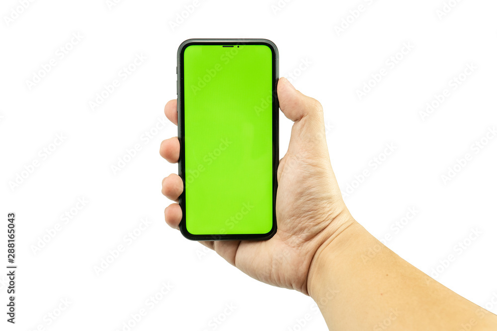 Man hand hold the phone with green screen isolated on white background Man hand hold the phone with green screen isolated on white background