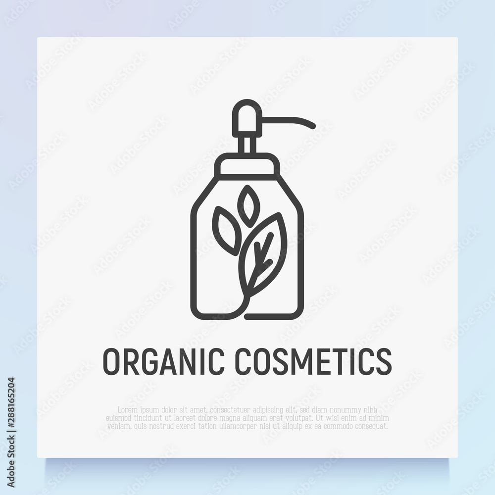 Fototapeta premium Organic cosmetics thin line icon: glass bottle with dispenser and leaf sign. Modern vector illustration for beauty shop.