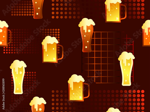 Glass of beer seamless pattern in 80s memphis style. Alcohol party. Geometric shapes with gradient. Vector illustration