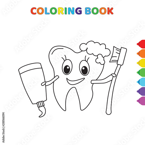 cute cartoon happy smiling tooth with toothpaste and toothbrush coloring book for kids. black and white vector illustration for coloring book. happy smiling tooth with toothpaste and toothbrush