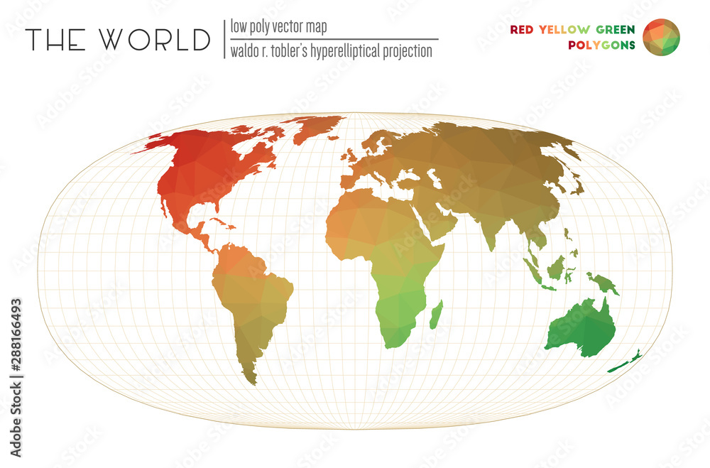 Low poly world map. Waldo R. Tobler's hyperelliptical projection of the world. Red, Yellow, Green colored polygons. Creative vector illustration. Low poly world map. Waldo R. Tobler's hyperelliptical projection of the world. Red, Yellow, Green colored polygons. Creative vector illustration.