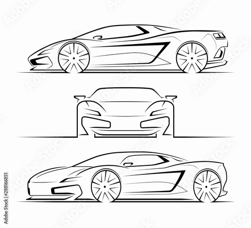 Sports car silhouettes, outlines, contours. Front, side, perspective view of supercar. Can be used as a part of an emblem, label, icon, logo. Vector illustration