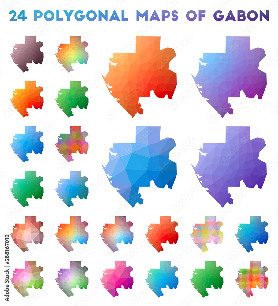 Set of vector polygonal maps of Gabon. Bright gradient map of country in low poly style. Multicolored Gabon map in geometric style for your infographics. Set of vector polygonal maps of Gabon. Bright gradient map of country in low poly style. Multicolored Gabon map in geometric style for your infographics.