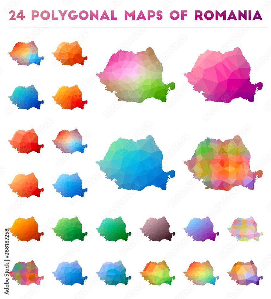 Set of vector polygonal maps of Romania. Bright gradient map of country ...