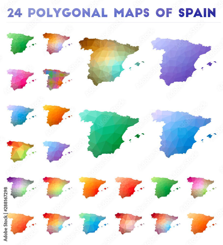 Set of vector polygonal maps of Spain. Bright gradient map of country in low poly style. Multicolored Spain map in geometric style for your infographics.