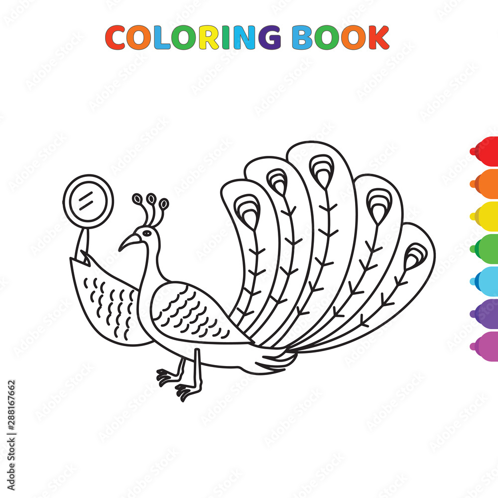 cute cartoon peacock bird looking own face on mirror coloring book for kids. black and white vector illustration for coloring book. peacock bird looking own face on mirror concept hand drawn Stock cute cartoon peacock bird looking own face on mirror coloring book for kids. black and white vector illustration for coloring book. peacock bird looking own face on mirror concept hand drawn Stock
