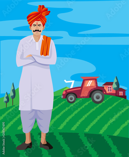 maharastrian man with feta and tilak standing in farm