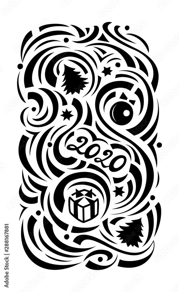 doodl, black and white flat ornament, on the theme of Christmas
