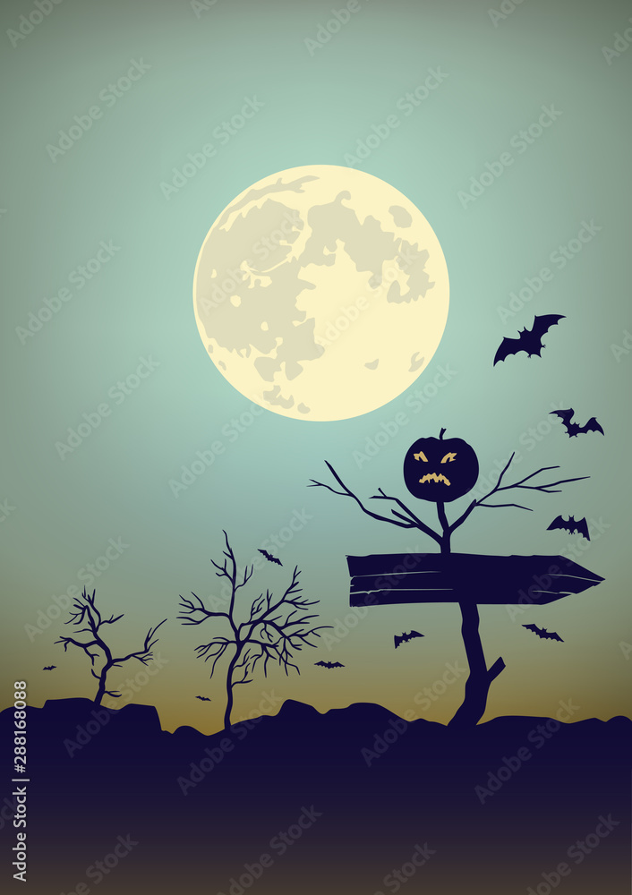 Halloween Moon background with bats and bushes.