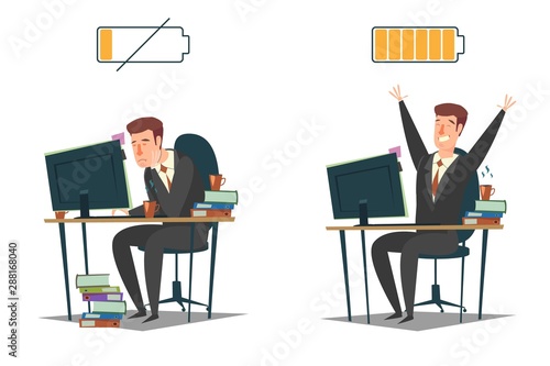 Full of energy and tired business people, vector flat illustration