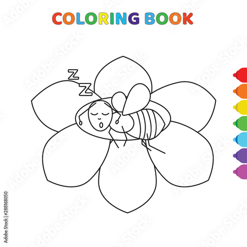 cute cartoon bee sleeping on flower coloring book for kids. black and white vector illustration for coloring book. bee sleeping on flower concept hand drawn illustration