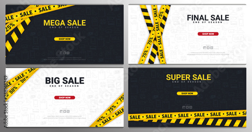 Set of Sale banners with yellow Caution lines. Hand draw doodle icons on the background.