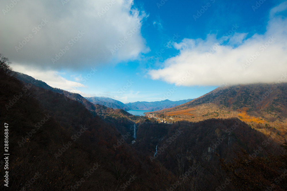 Kegon Falls and Chuzenji lake view at Akechidaira Ropeway of Nikko, Japan.