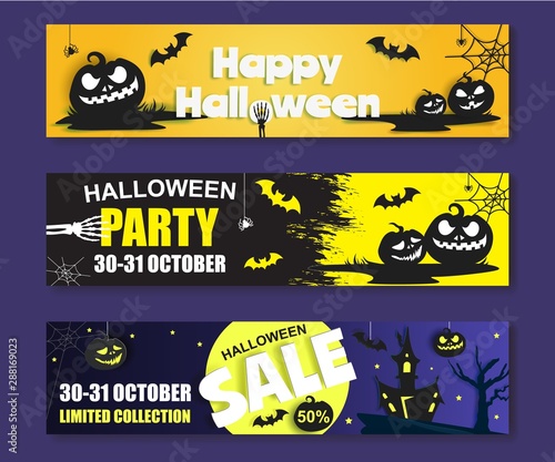 Happy Halloween banner template set vector paper cut illustration