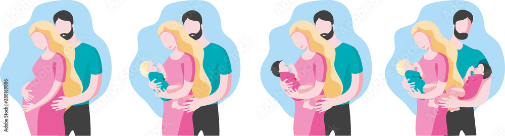 A set of images on the theme of pregnancy, family, motherhood and fatherhood. A man hugs a pregnant woman. A man embraces a woman with a baby. A man and a woman with babies in their arms. Vector illus A set of images on the theme of pregnancy, family, motherhood and fatherhood. A man hugs a pregnant woman. A man embraces a woman with a baby. A man and a woman with babies in their arms. Vector illus