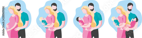 A set of images on the theme of pregnancy, family, motherhood and fatherhood. A man hugs a pregnant woman. A man embraces a woman with a baby. A man and a woman with babies in their arms. Vector illus