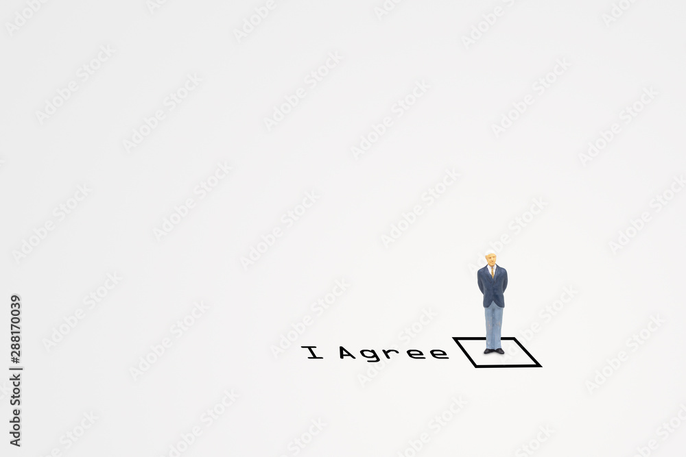 Business Concept : Businessman standing in checkbox of agreement wording. Business Concept : Businessman standing in checkbox of agreement wording.