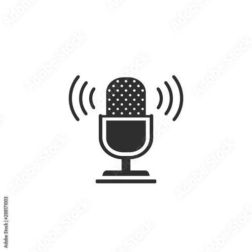 Podcast radio icon set illustration. Studio table microphone with broadcast text