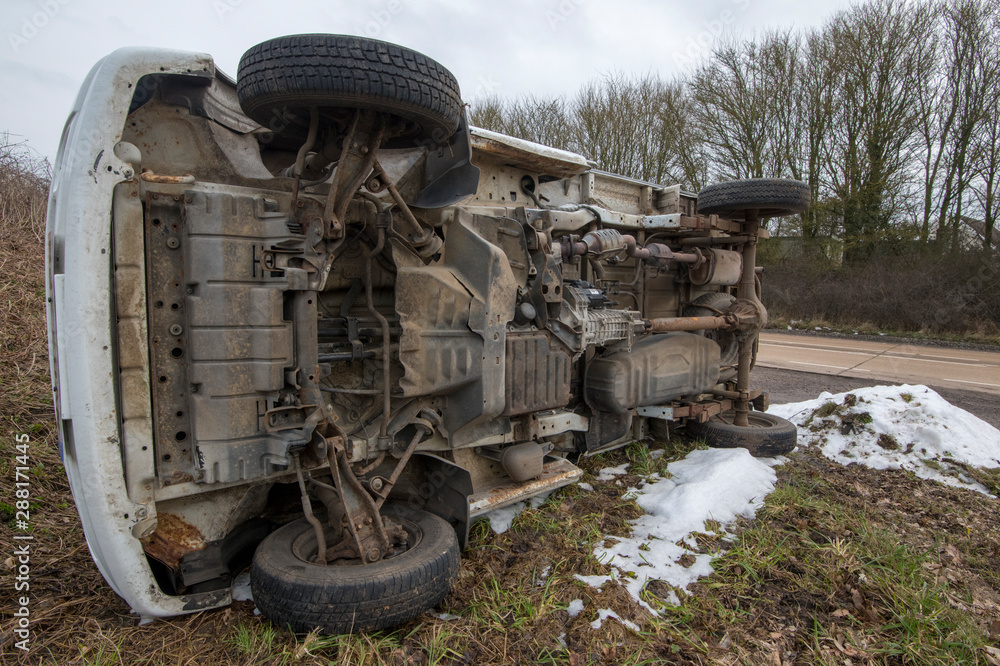 Ad van turned over in snow on the A47 at Wendling in Norfolk