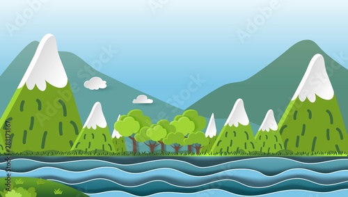 3D landspace concept design. Mountains and the sea. Colorful hand crafted art. Paper cut style. Vector illustration EPS10. 