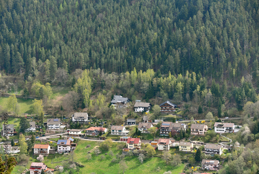 Fototapeta premium Beautiful, small and sweet German village, next to the beautiful Schwarzwald forest, aerial view