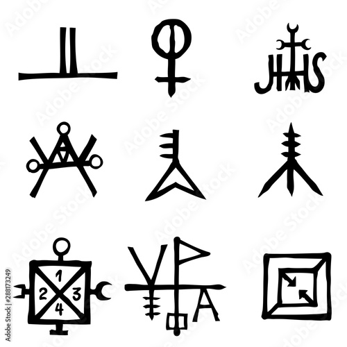 Set of icons and symbols letters inspired on the theme of magic and witch craft occult alchemy, mystic, esoteric religion and mason, isolated. Flesh tattoo ideas. Vector.