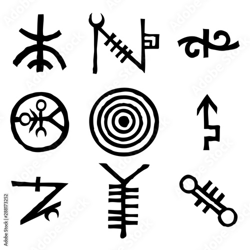 Set of icons and symbols letters inspired on the theme of magic and witch craft occult alchemy, mystic, esoteric religion and mason, isolated. Flesh tattoo ideas. Vector.