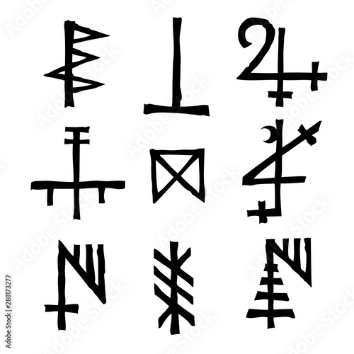 Set of Old Norse Scandinavian runes imaginary version. Runic alphabet symbols, futhark. Inspired by ancient occult symbols, vikings letters and runes. Vector.