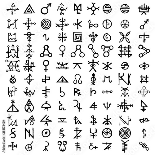 Big set of esoteric symbol design elements. Imaginary handwritten alchemy signs, space, spirituality, inspired by mysticism, freemasonry, astrology. Vector .