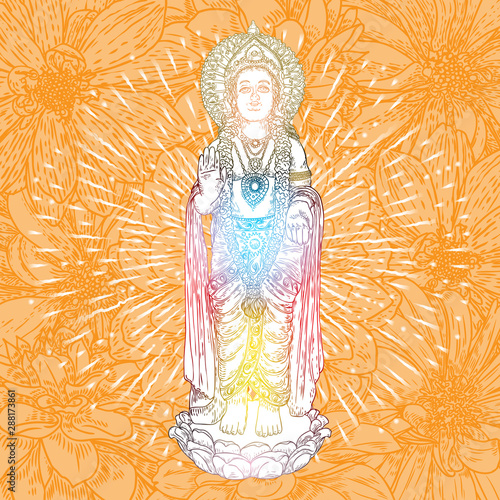 Lord Murugan classic statue drawing, God of war, son of Shiva and Parvati also known as Skanda. Vector.