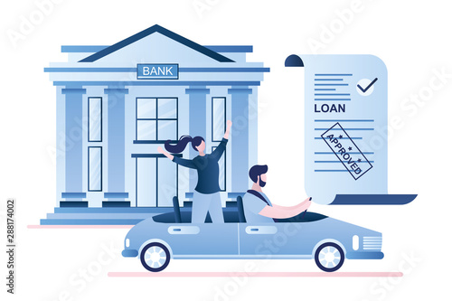 Happy couple riding a new car. Bank building and credit agreement with stamp- approved.