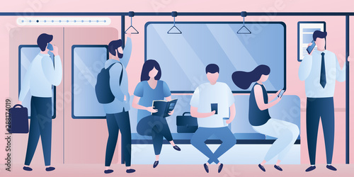 Subway underground, train car modern interior with various passengers with gadgets.
