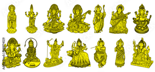 Set of Gods for Indian festivals, Puja in Dussehra Vijayadashami Navratri, for Ganesh Chaturthi or Vinayaka and Chavithi, for Maha Shiwaratri or Shivratri, for Diwali and for Vasant Panchami. Vector.