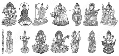 Set of Gods for Indian festival, Goddess Durga, Lord Rama and Hanuman. Lord Ganpati or Ganesha, Shiva and Lakshmi his wife. Lord Vishnu,  Saraswati, Devi Parvati  and Lord Murugan, Kali. Vector.
