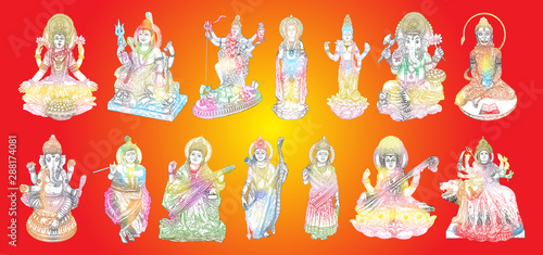 Set of Gods for Indian festival, Goddess Durga, Lord Rama and Hanuman. Lord Ganpati or Ganesha, Shiva and Lakshmi his wife. Lord Vishnu,  Saraswati, Devi Parvati  and Lord Murugan, Kali. Vector.