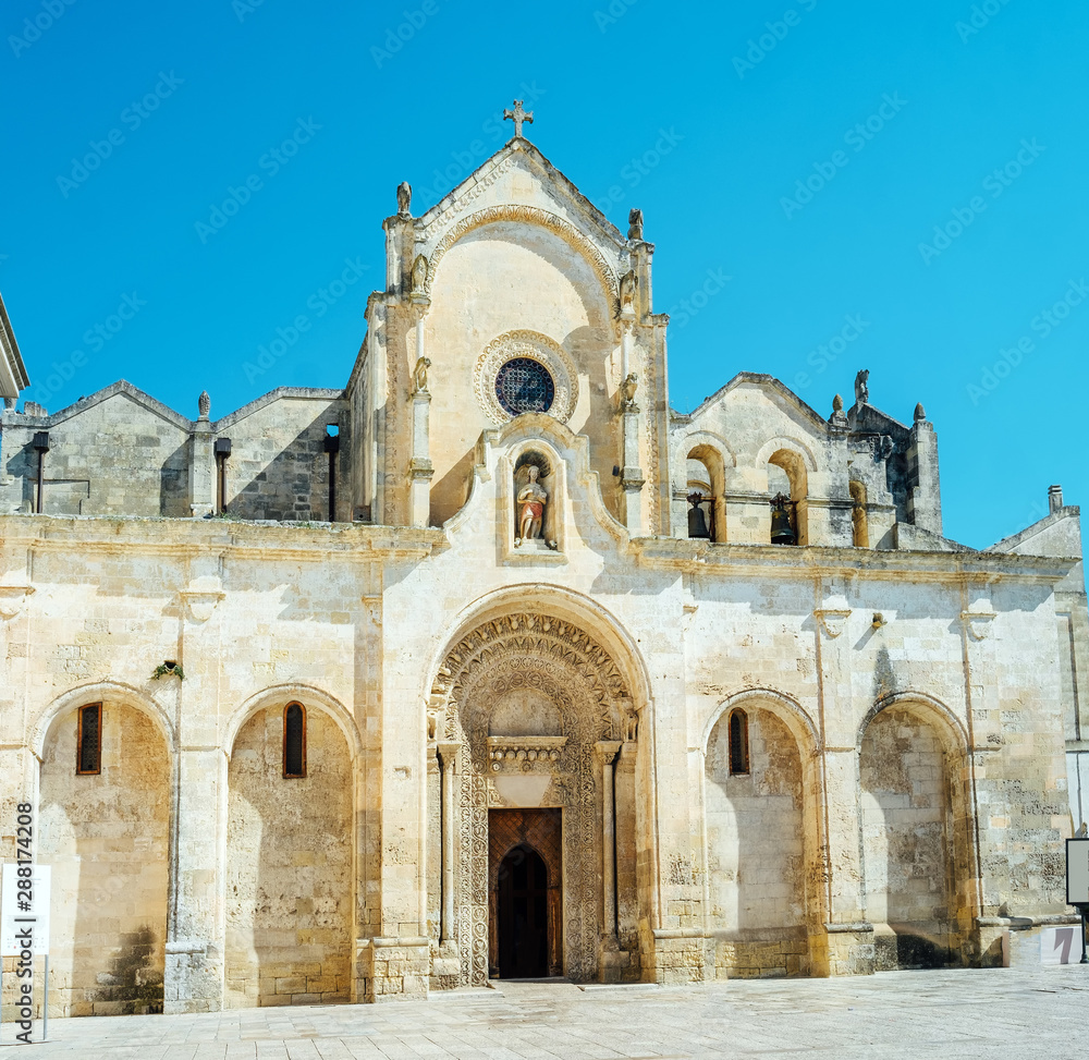 Matera, Italy - August 21, 2019: the church of San Giovanni Battista is a religious building dating back to medieval times.
