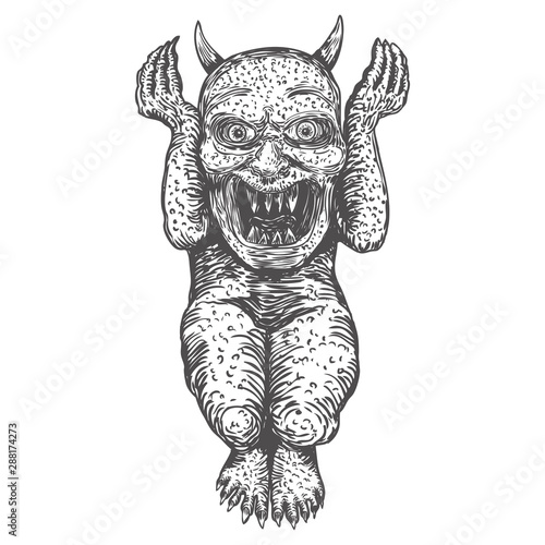 Demon vampire, human like monster creature chimera with fangs horns, and claws. Seating in aggressive position. Mystic and occult hand drawn engraved devil vector.